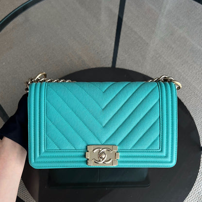 Caviar Boy Old Medium 25CM Chevron Grained Calfskin Cyan Green Blue Light Golden Hardware Series 27