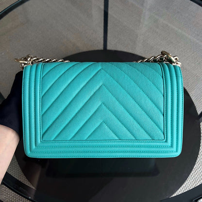 Caviar Boy Old Medium 25CM Chevron Grained Calfskin Cyan Green Blue Light Golden Hardware Series 27