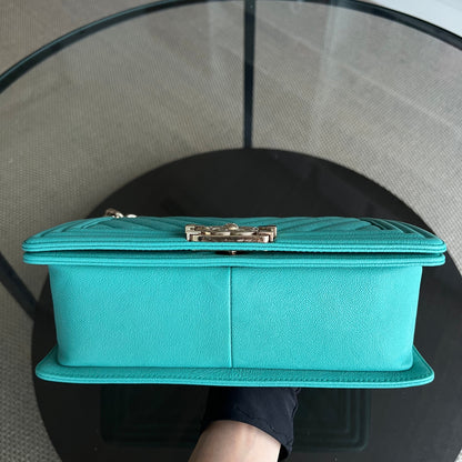 Caviar Boy Old Medium 25CM Chevron Grained Calfskin Cyan Green Blue Light Golden Hardware Series 27
