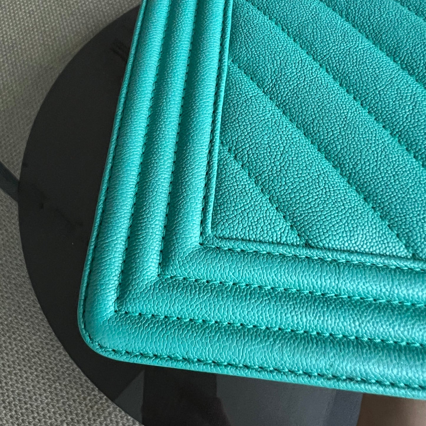 Caviar Boy Old Medium 25CM Chevron Grained Calfskin Cyan Green Blue Light Golden Hardware Series 27