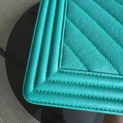 Caviar Boy Old Medium 25CM Chevron Grained Calfskin Cyan Green Blue Light Golden Hardware Series 27