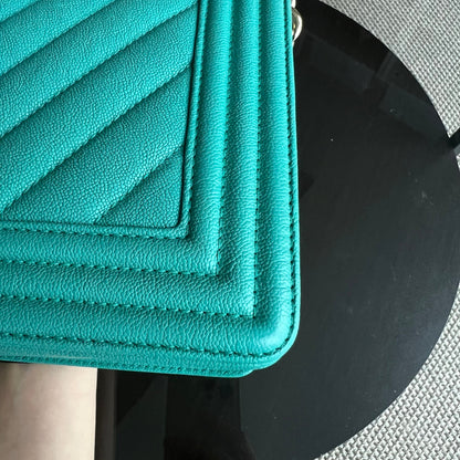 Caviar Boy Old Medium 25CM Chevron Grained Calfskin Cyan Green Blue Light Golden Hardware Series 27