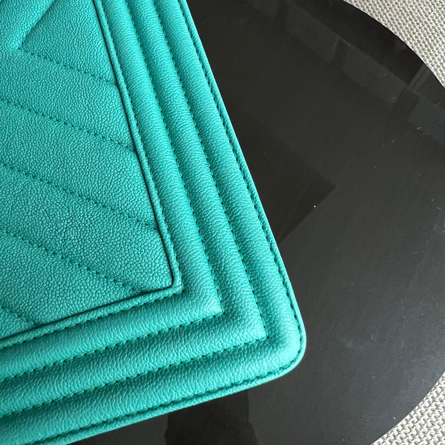 Caviar Boy Old Medium 25CM Chevron Grained Calfskin Cyan Green Blue Light Golden Hardware Series 27