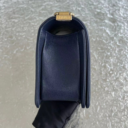 Caviar Boy Old Medium 25CM Chevron Grained Calfskin Dark Blue Leboy Golden Hardware Series 26