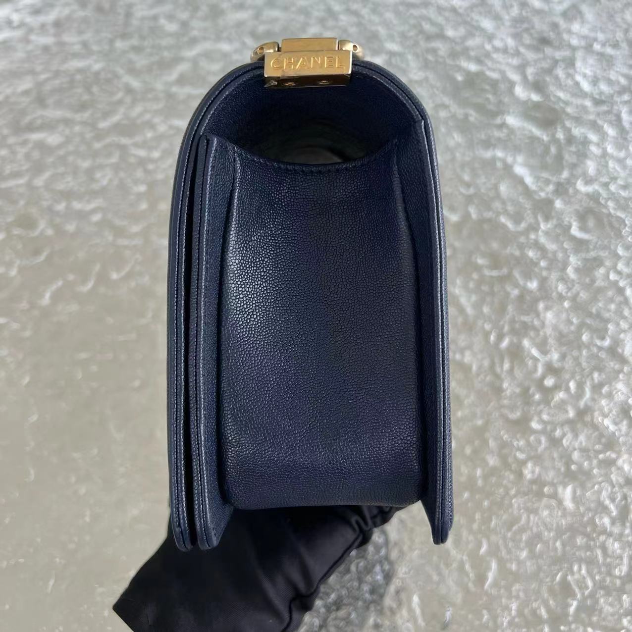 Caviar Boy Old Medium 25CM Chevron Grained Calfskin Dark Blue Leboy Golden Hardware Series 26