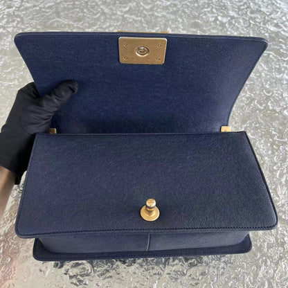 Caviar Boy Old Medium 25CM Chevron Grained Calfskin Dark Blue Leboy Golden Hardware Series 26