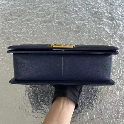 Caviar Boy Old Medium 25CM Chevron Grained Calfskin Dark Blue Leboy Golden Hardware Series 26