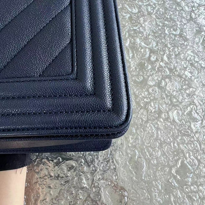 Caviar Boy Old Medium 25CM Chevron Grained Calfskin Dark Blue Leboy Golden Hardware Series 26