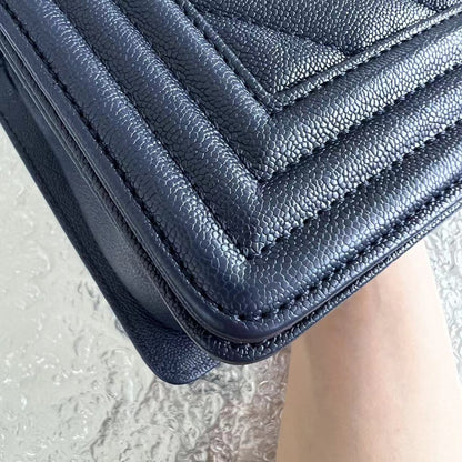 Caviar Boy Old Medium 25CM Chevron Grained Calfskin Dark Blue Leboy Golden Hardware Series 26