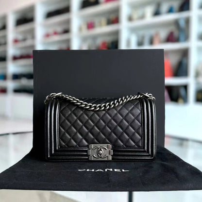 Caviar Boy Old Medium 25CM Quilted Calfskin Black Leboy Ruthenium Silver Hardware Series 25