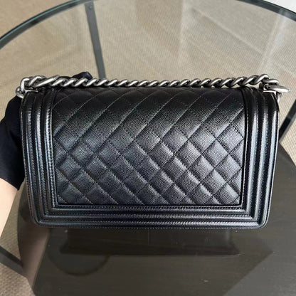 Caviar Boy Old Medium 25CM Quilted Calfskin Black Leboy Ruthenium Silver Hardware Series 25