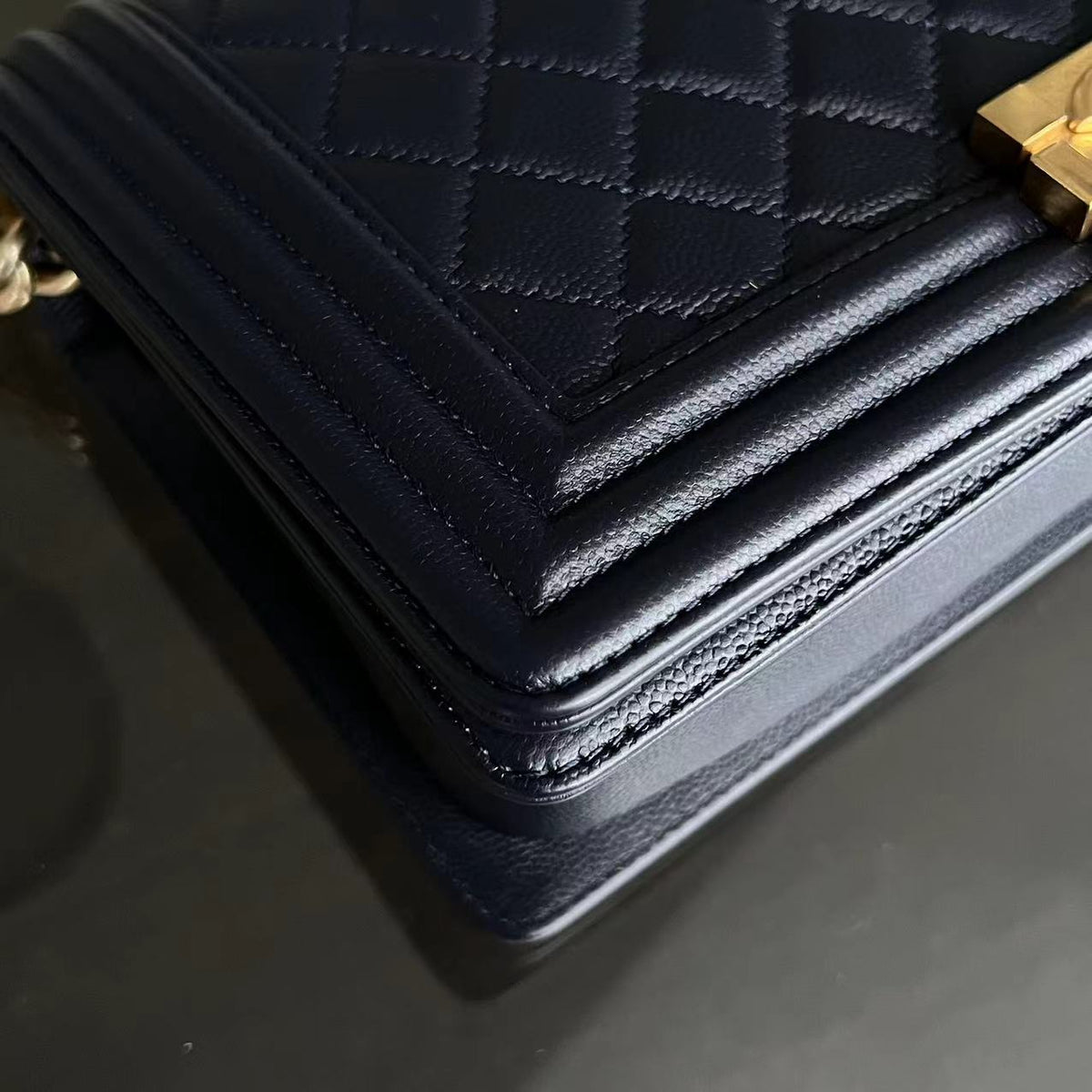Caviar Boy Old Medium 25CM Quilted Calfskin Dark Blue Leboy GHW No 23