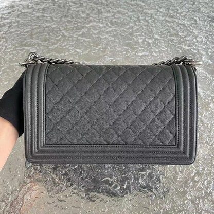 Caviar Boy Old Medium 25CM Quilted Calfskin Dark Grey Gray Silver Hardware Series 26