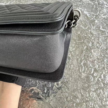 Caviar Boy Old Medium 25CM Quilted Calfskin Dark Grey Gray Silver Hardware Series 26