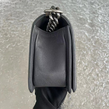 Caviar Boy Old Medium 25CM Quilted Calfskin Dark Grey Gray Silver Hardware Series 26