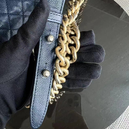 Caviar Boy Old Medium 25CM Quilted Calfskin Dark Navy Blue Leboy Golden Hardware