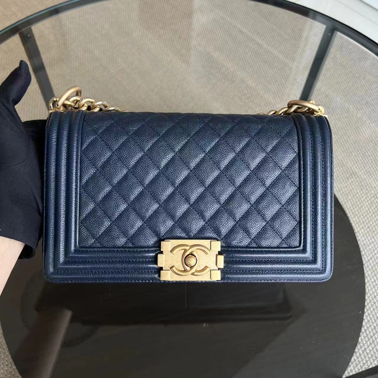 Caviar Boy Old Medium 25CM Quilted Calfskin Dark Navy Blue Leboy Golden Hardware
