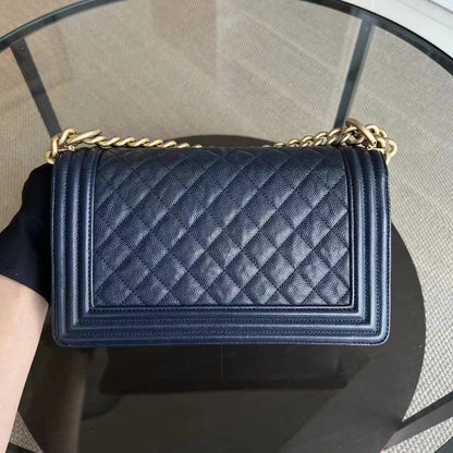 Caviar Boy Old Medium 25CM Quilted Calfskin Dark Navy Blue Leboy Golden Hardware