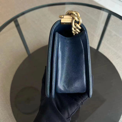 Caviar Boy Old Medium 25CM Quilted Calfskin Dark Navy Blue Leboy Golden Hardware