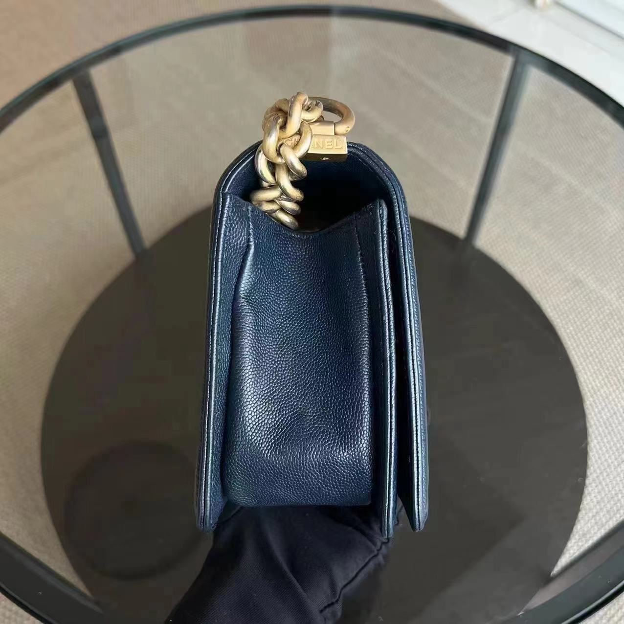 Caviar Boy Old Medium 25CM Quilted Calfskin Dark Navy Blue Leboy Golden Hardware