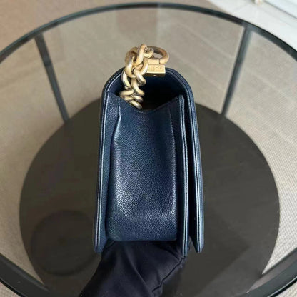 Caviar Boy Old Medium 25CM Quilted Calfskin Dark Navy Blue Leboy Golden Hardware