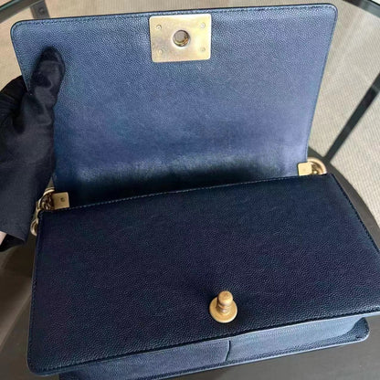 Caviar Boy Old Medium 25CM Quilted Calfskin Dark Navy Blue Leboy Golden Hardware