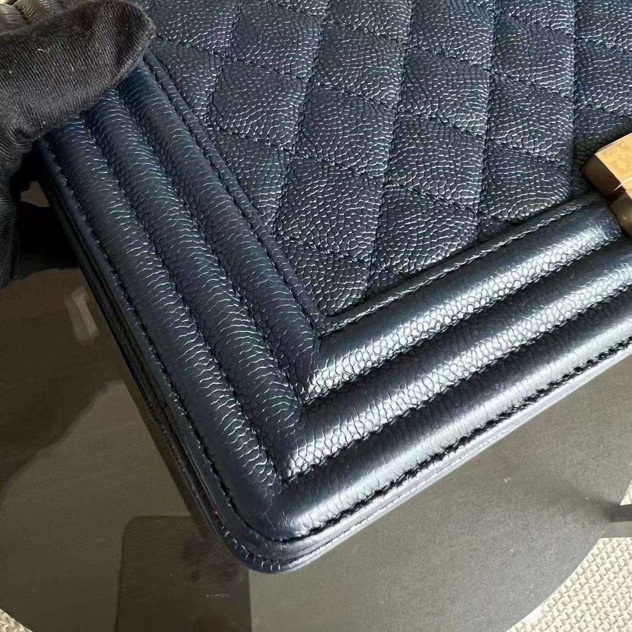 Caviar Boy Old Medium 25CM Quilted Calfskin Dark Navy Blue Leboy Golden Hardware