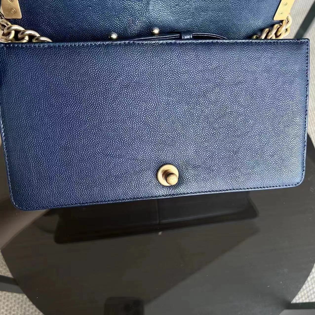 Caviar Boy Old Medium 25CM Quilted Calfskin Dark Navy Blue Leboy Golden Hardware