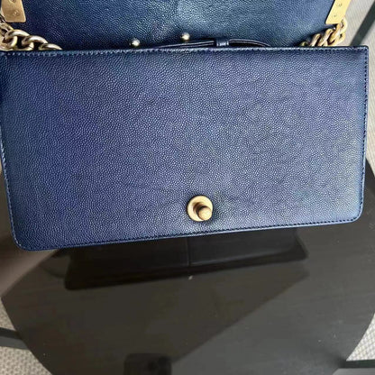 Caviar Boy Old Medium 25CM Quilted Calfskin Dark Navy Blue Leboy Golden Hardware
