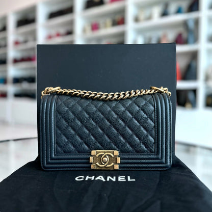 Chanel Boy Medium - Caviar Old Medium 25CM Quilted Leboy Dark Blue Ruthenium Gold Hardware Series 19