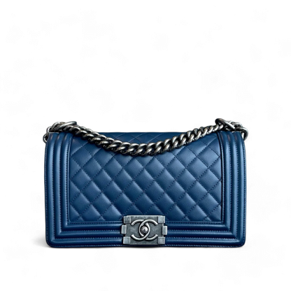 Chanel Caviar Boy Old Medium 25CM Quilted Grained Calfskin Dark Blue Leboy Ruthenium Silver Hardware Series 25