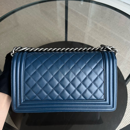 Chanel Caviar Boy Old Medium 25CM Quilted Grained Calfskin Dark Blue Leboy Ruthenium Silver Hardware Series 25