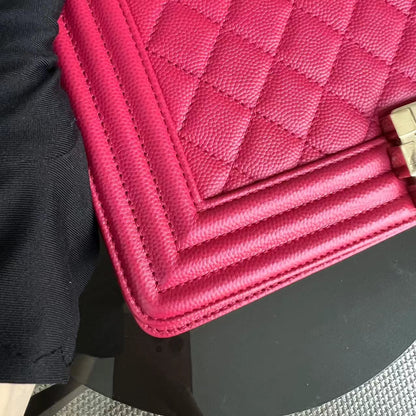 Caviar Boy Old Medium 25CM Quilted Grained Calfskin Hot Pink Golden Hardware Series 23