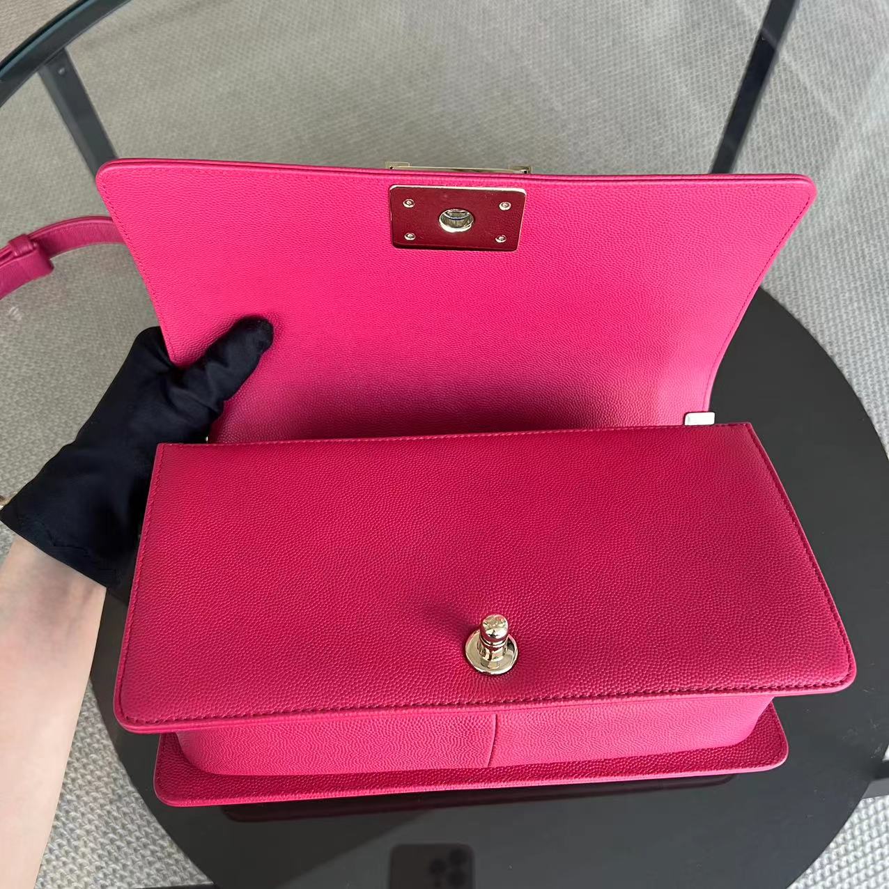 Caviar Boy Old Medium 25CM Quilted Grained Calfskin Hot Pink Golden Hardware Series 23