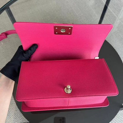 Caviar Boy Old Medium 25CM Quilted Grained Calfskin Hot Pink Golden Hardware Series 23