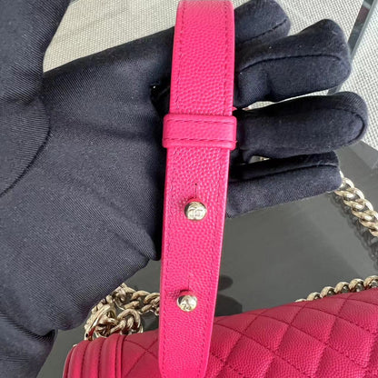 Caviar Boy Old Medium 25CM Quilted Grained Calfskin Hot Pink Golden Hardware Series 23