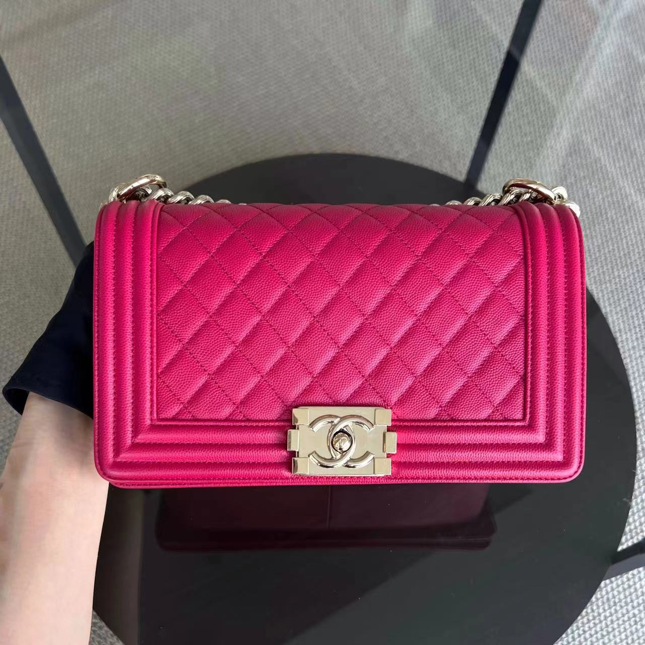 Caviar Boy Old Medium 25CM Quilted Grained Calfskin Hot Pink Golden Hardware Series 23