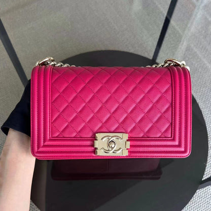 Caviar Boy Old Medium 25CM Quilted Grained Calfskin Hot Pink Golden Hardware Series 23
