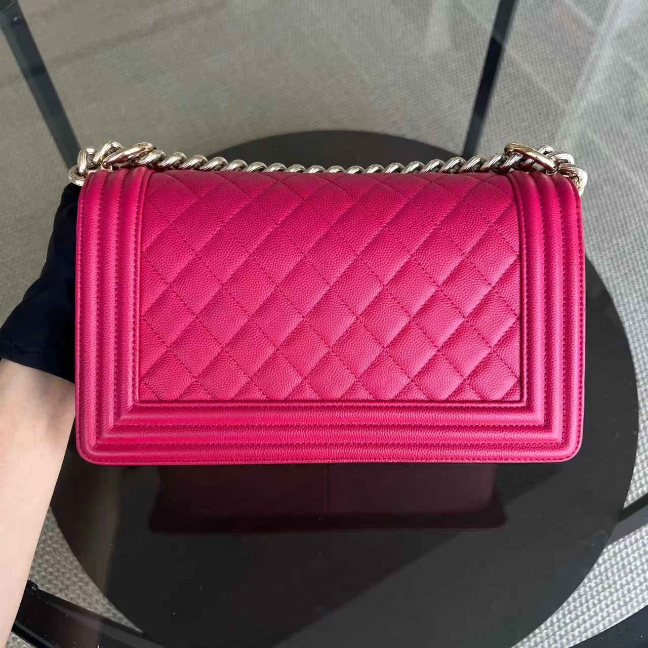 Caviar Boy Old Medium 25CM Quilted Grained Calfskin Hot Pink Golden Hardware Series 23