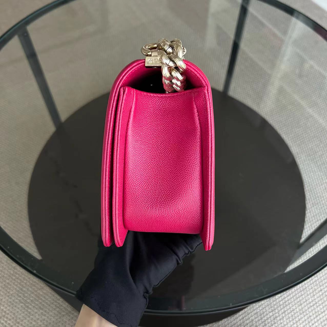 Caviar Boy Old Medium 25CM Quilted Grained Calfskin Hot Pink Golden Hardware Series 23