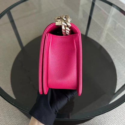 Caviar Boy Old Medium 25CM Quilted Grained Calfskin Hot Pink Golden Hardware Series 23