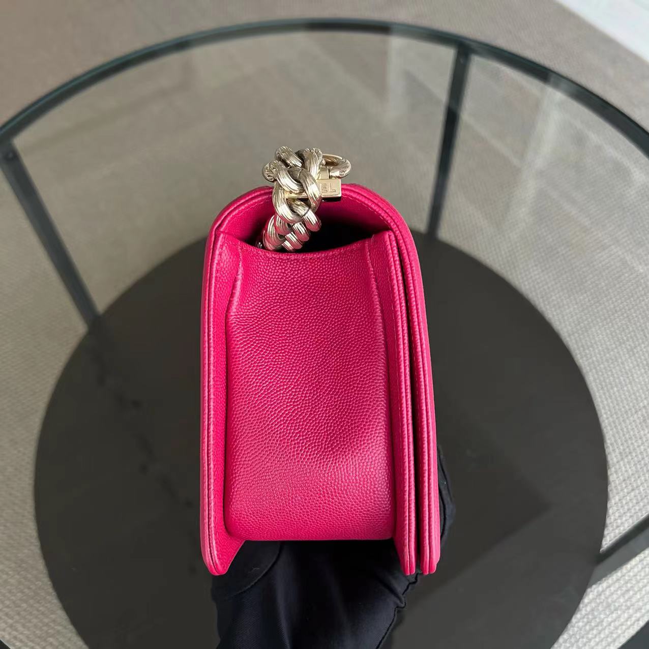 Caviar Boy Old Medium 25CM Quilted Grained Calfskin Hot Pink Golden Hardware Series 23