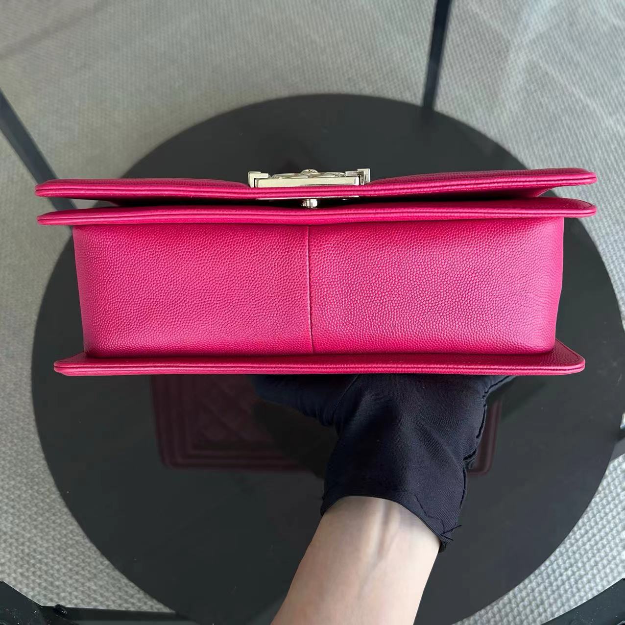Caviar Boy Old Medium 25CM Quilted Grained Calfskin Hot Pink Golden Hardware Series 23