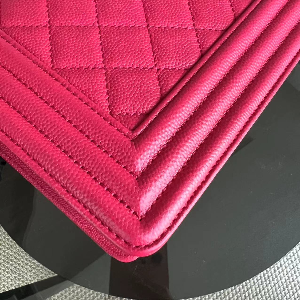 Caviar Boy Old Medium 25CM Quilted Grained Calfskin Hot Pink Golden Hardware Series 23