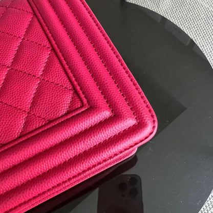 Caviar Boy Old Medium 25CM Quilted Grained Calfskin Hot Pink Golden Hardware Series 23