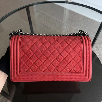 Caviar Boy Old Medium 25CM Quilted Suede Calfskin Red Leboy Silver Hardware Series 18