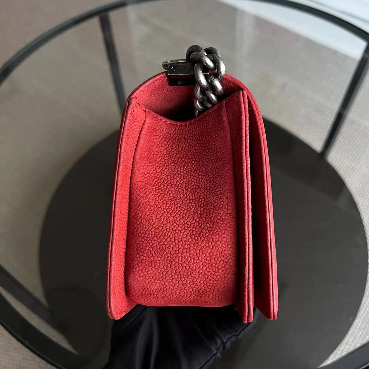 Caviar Boy Old Medium 25CM Quilted Suede Calfskin Red Leboy Silver Hardware Series 18