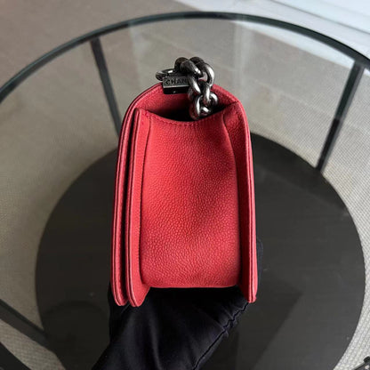Caviar Boy Old Medium 25CM Quilted Suede Calfskin Red Leboy Silver Hardware Series 18