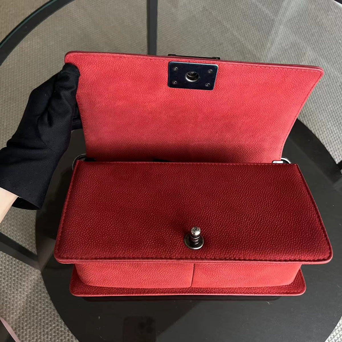 Caviar Boy Old Medium 25CM Quilted Suede Calfskin Red Leboy Silver Hardware Series 18