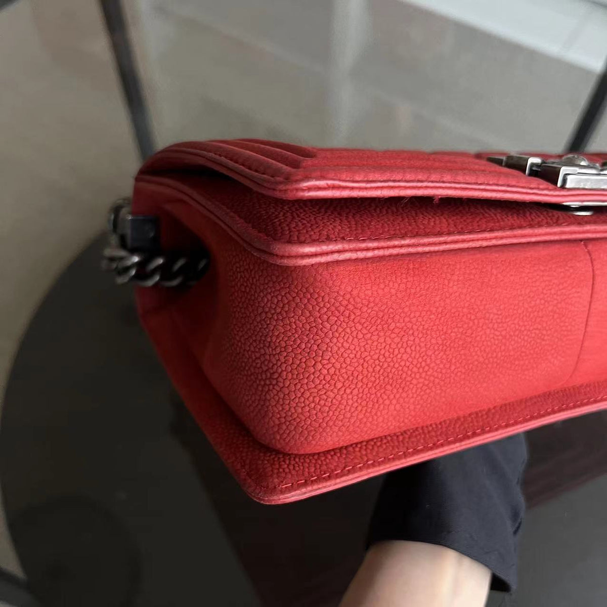 Caviar Boy Old Medium 25CM Quilted Suede Calfskin Red Leboy Silver Hardware Series 18